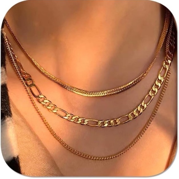 GOLD 14k Gold Plated 3pc Chain Herringbone Necklace Set
